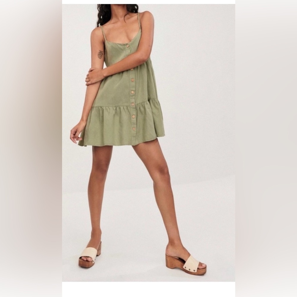 Zara Baby Doll Dress Tiered Low Cut Button Down Linen in Sage Green Size XS NWOT